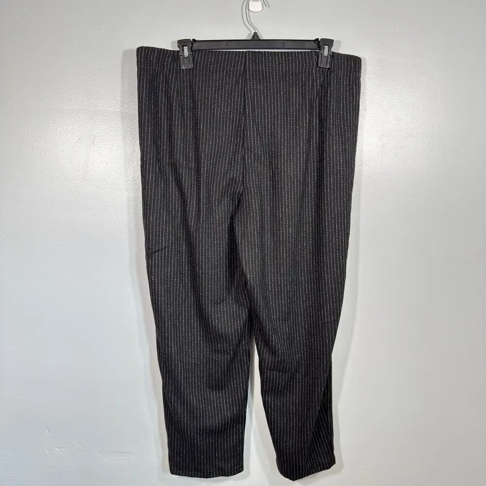 Eileen Fisher Wool Broken Stripe Flannel Pant XL Black Tapered Pull On Elastic